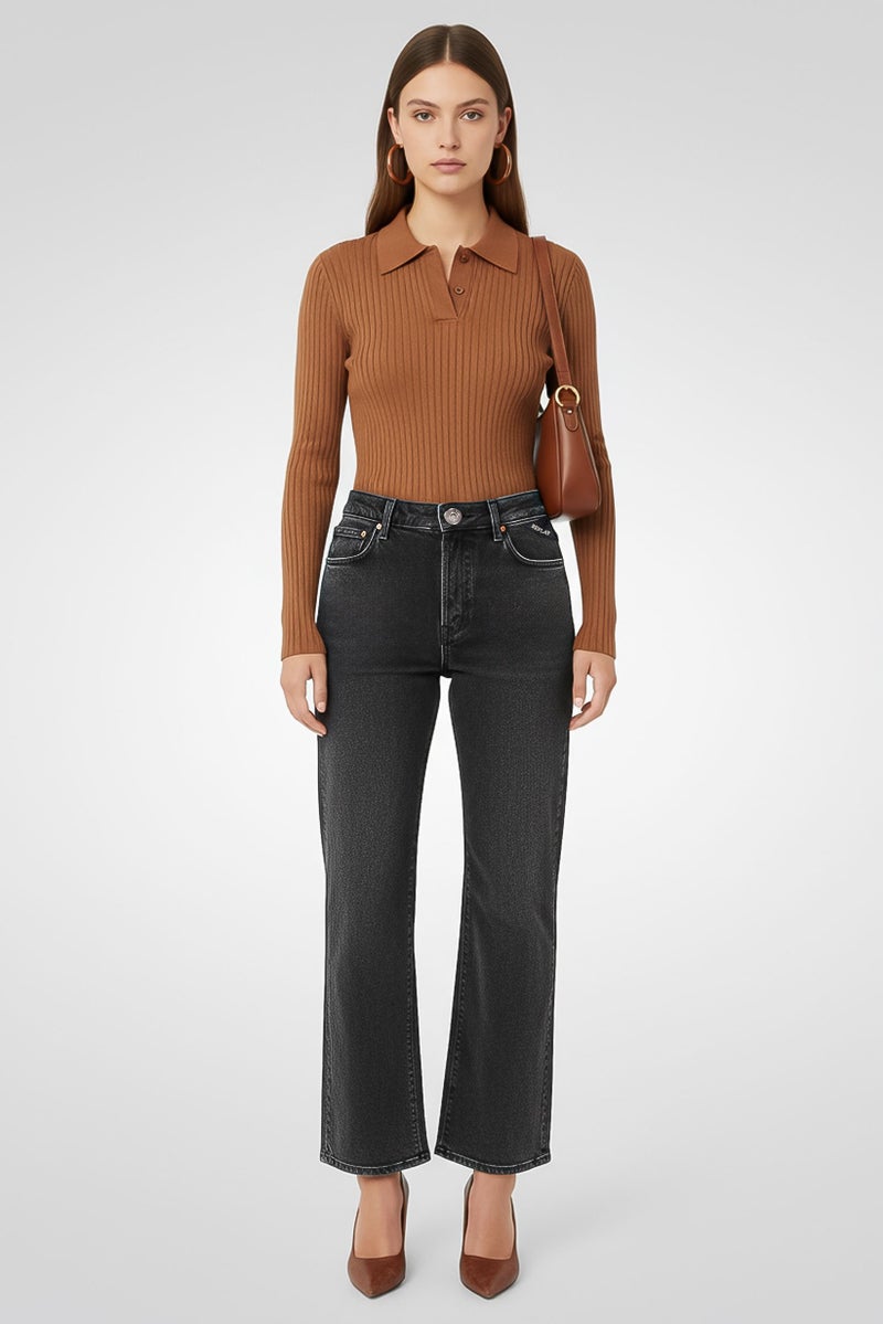 Replay Women Flared Fit Washed Stretchable Denim, Dark Grey - Image 1
